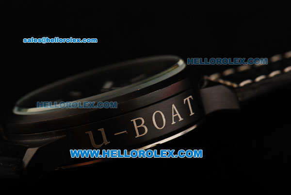 U-Boat Italo Fontana Left Hook Automatic Movement PVD Case with Black Dial and White Arabic Numerals - Black Leather Strap - Click Image to Close